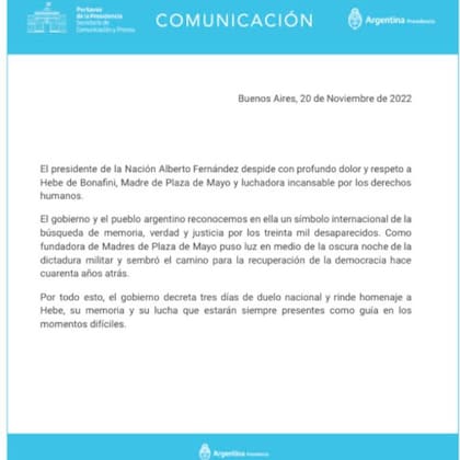 El comunicado de presidencia que anuncia los tres días de duelo nacional por el fallecimiento de Hebe de Bonafini