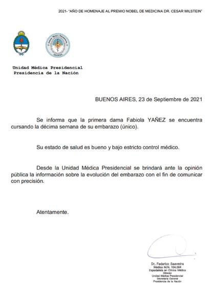 El comunicado de Presidencia sobre el embarazo de Fabiola Yañez.
