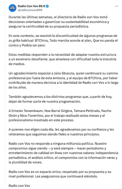 El comunicado de Radio con Vos sobre la reestructuración