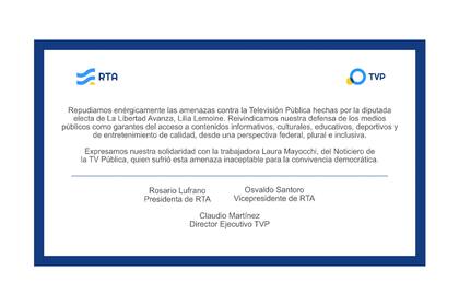 El comunicado de Radio y Televisión Argentina (RTA) a raíz de los dichos de la diputada por La Libertad Avanza