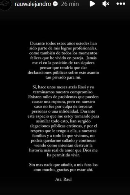 El comunicado de Rauw Alejandro en las redes sociales, en el que confirma la ruptura del compromiso con Rosalía