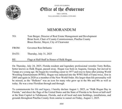 El comunicado de Ron DeSantis donde solicita las banderas a media asta en conmemoración del exluchador y figura de la WWE