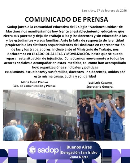 El comunicado de Sadop en las redes sociales