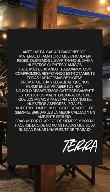 El comunicado de Terra, el restaurante de Mar de Ajó