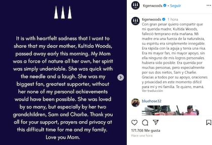 El comunicado de Tiger Woods anunciando el fallecimiento de su madre