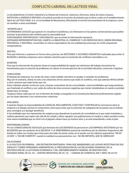 El comunicado de tres entidades locales para que se solucione el problema en Moctezuma