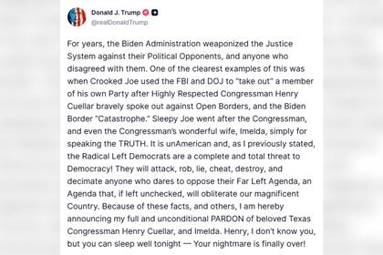 El comunicado de Trump sobre el indulto a Henry Cuellar