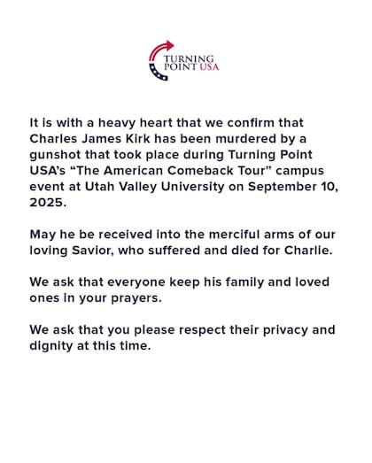 El comunicado de Turning Point USA tras la muerte de Charlie Kirk (Fuente: X @TPUSA)