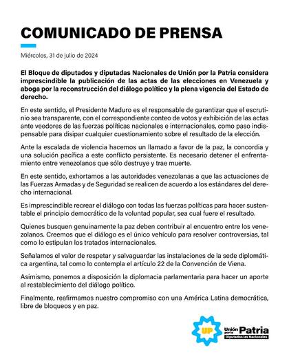 El comunicado de Unión por la Patria