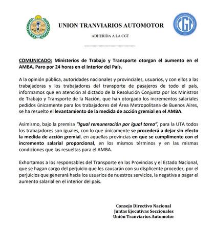 El comunicado de UTA que confirma que no habrá paro en el AMBA
