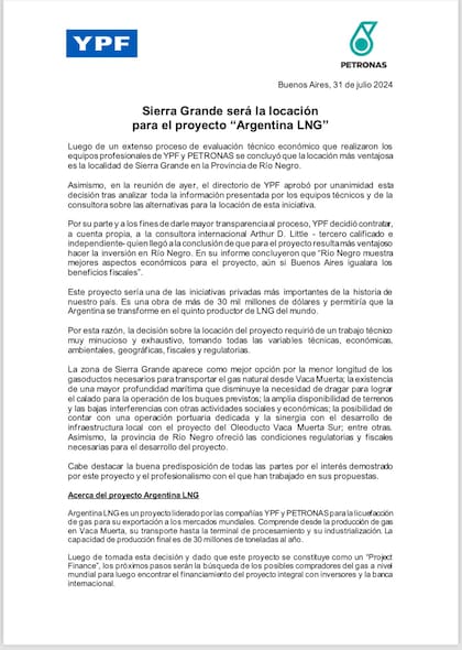 El comunicado de YPF y Petronas.