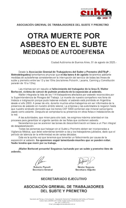 El comunicado del gremio