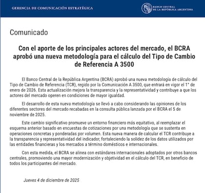 El comunicado del BCRA