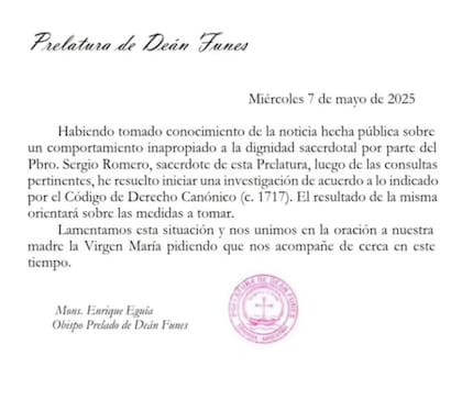 El comunicado del obispo