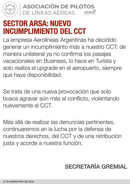 El comunicado del gremio