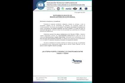 El comunicado del sindicato