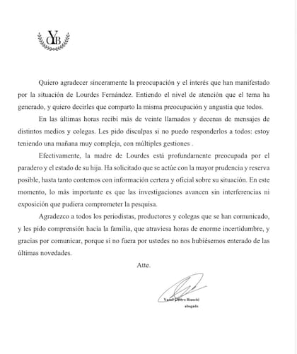 El comunicado del abogado de Lourdes