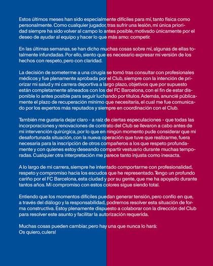 El comunicado del arquero alemán Marc André Ter Stegen