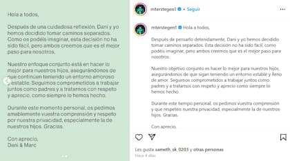 El comunicado del arquero y la modelo a raíz de su separación