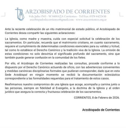 El comunicado del arzobispado de Corrientes