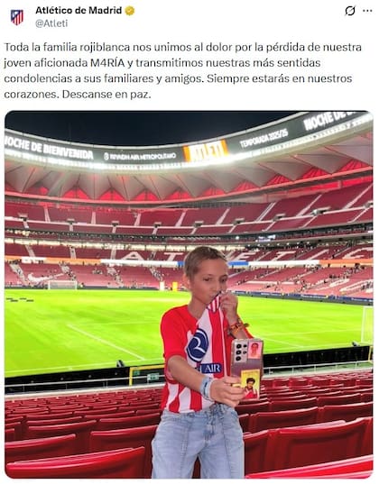 El comunicado del Atlético de Madrid por el fallecimiento de la joven