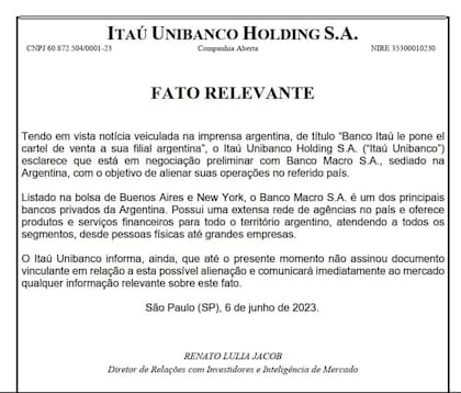 El comunicado del Banco Itaú
