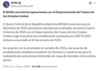 El comunicado del BCRA sobre la cancelación del swap con Estados Unidos