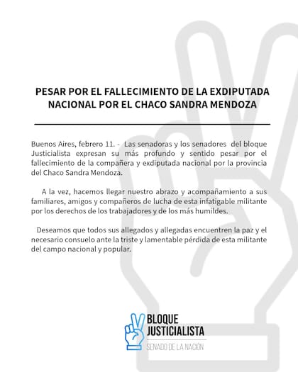 El comunicado del bloque del Justicialismo en el Senado por la muerte de Sandra Mendoza