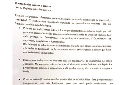 El comunicado del capitán del crucero