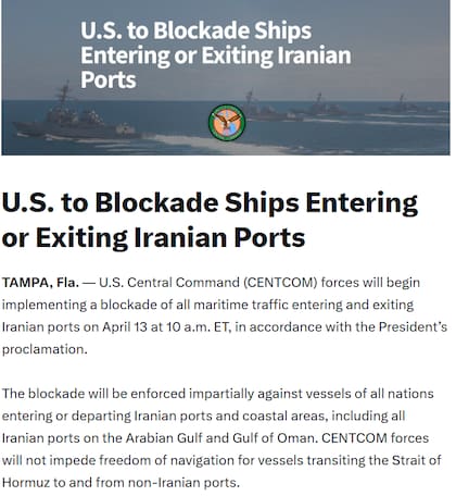 El comunicado del Centcom, que anunció que este lunes iniciará el bloqueo de puertos iraníes