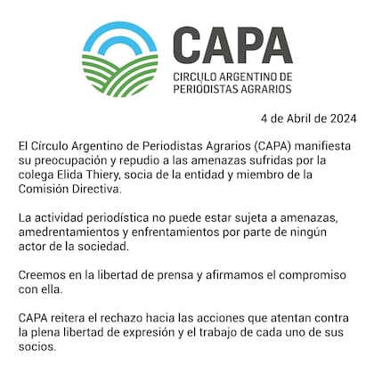 El comunicado del Círculo Argentino de Periodistas Agrarios (CAPA), que se solidarizó con la periodista