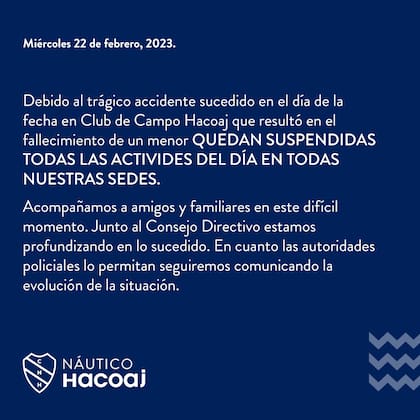 El comunicado del Club Nautico Hacoaj sobre la muerte del niño de tres años
