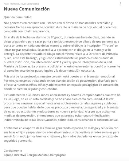 El comunicado del colegio Champagnat