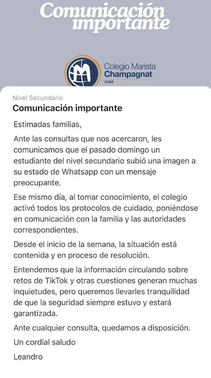 El comunicado del colegio a los padres tras la viralización del hecho