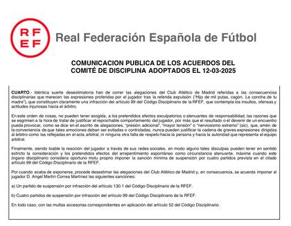 El comunicado del Comité de Disciplina de la Federación Española (RFEF)