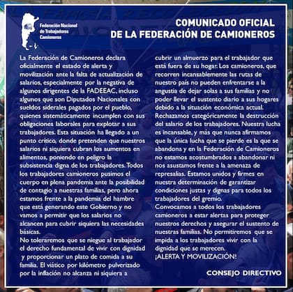 El comunicado del Consejo Directivo de Camioneros contra el gobierno de Javier Milei
