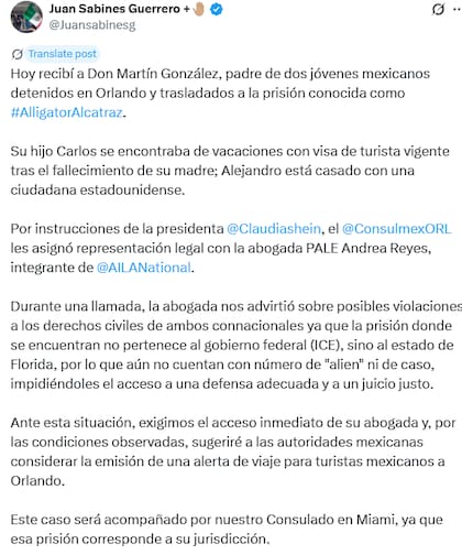 El comunicado del cónsul mexicano en Orlando tras su reunión con el padre de los hermanos González