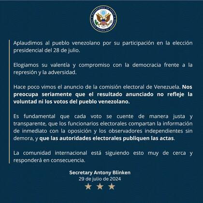 El comunicado del Departamento de Estado norteamericano
