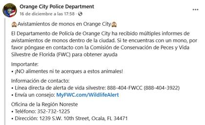 El comunicado del Departamento de Policía de Orange City, por la presencia de monos