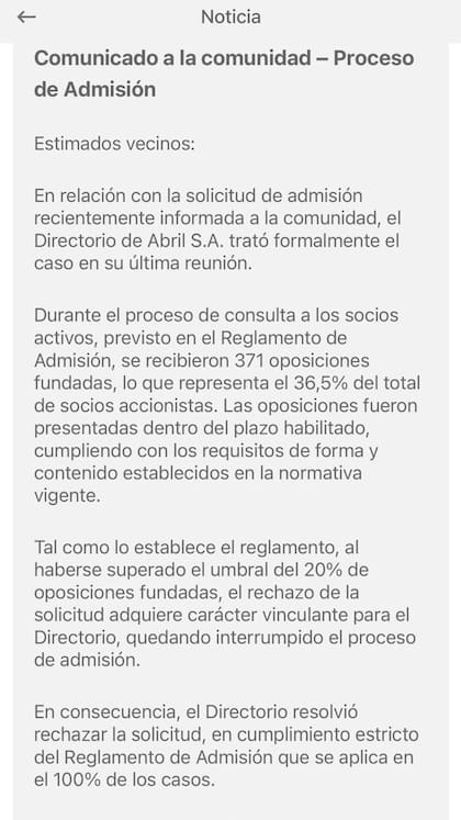 El comunicado del directorio de Abril Club de Campo