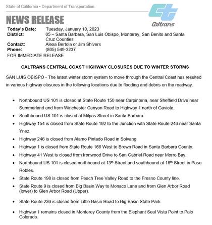 El comunicado del Distrito 5 del Departamento de Transporte de California
