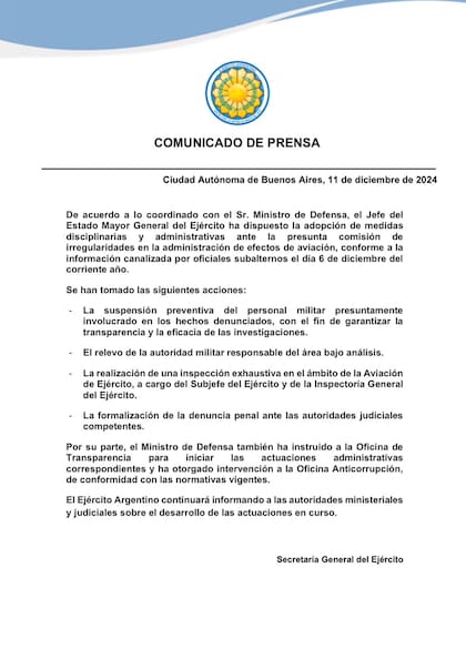 El comunicado del Ejército Argentino.