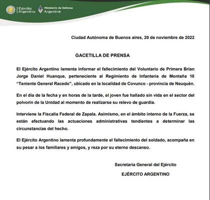 El comunicado del Ejército Argentino por la muerte del soldado voluntario