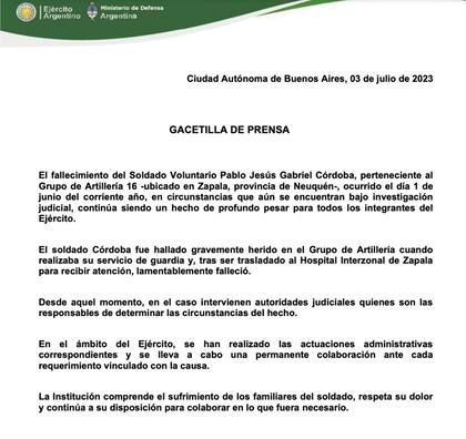 El comunicado del Ejército sobre la muerte de Pablo Córdoba