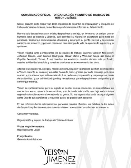 El comunicado del equipo de Yeison en sus redes sociales (Foto: @yeison_jimenez)