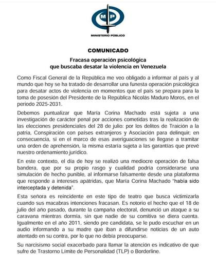 El comunicado del Fiscal General de Venezuela