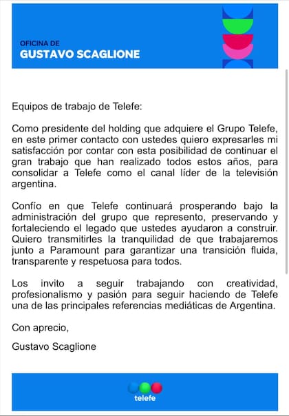 El comunicado del flamante dueño de Telefe