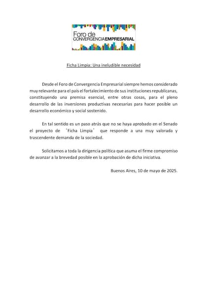 El comunicado del Foro de Convergencia Empresarial