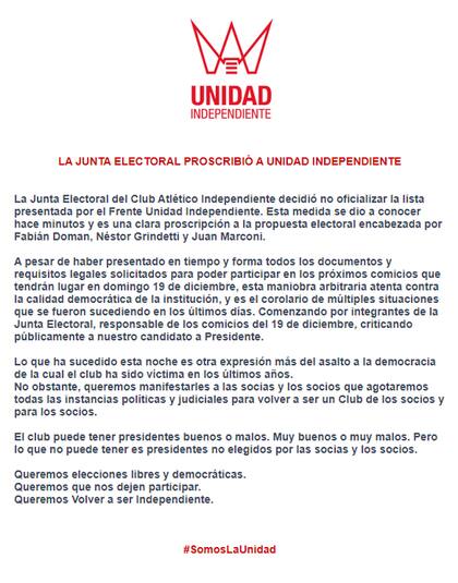 El comunicado del Frente Unidad, liderado por Fabián Domán. Denunció proscripción.