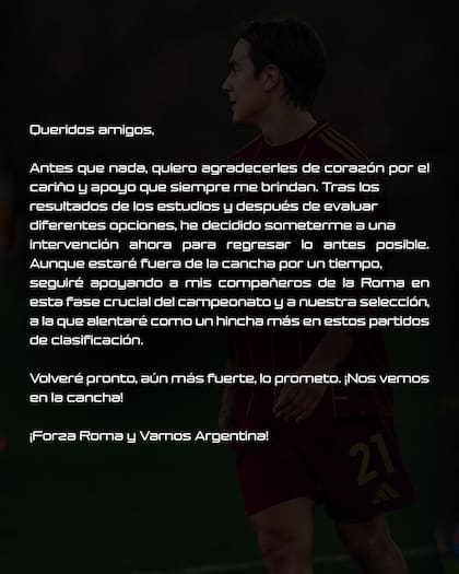 El comunicado del futbolista tras su confirmarse su lesión (Captura: Instagram @paulodybala)